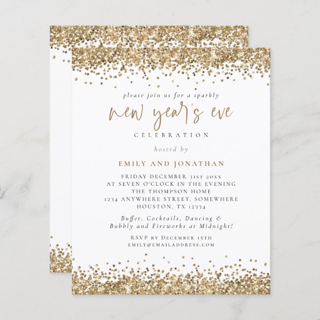 Budget Gold Glitter Script New Years Eve Invite (Front/Back)