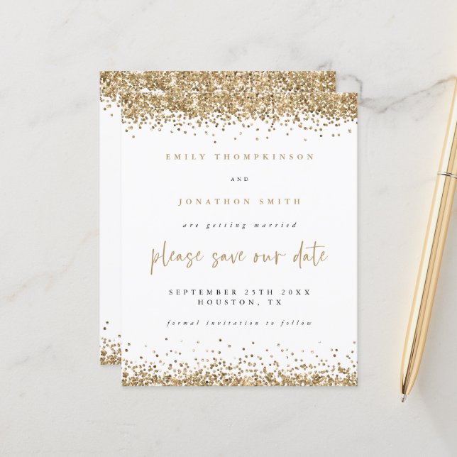 Budget Gold Glitter Script Wedding Save The Date (Front/Back In Situ)
