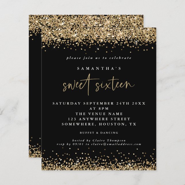 Budget Gold Glitter Sweet Sixteen Black Birthday (Front/Back)