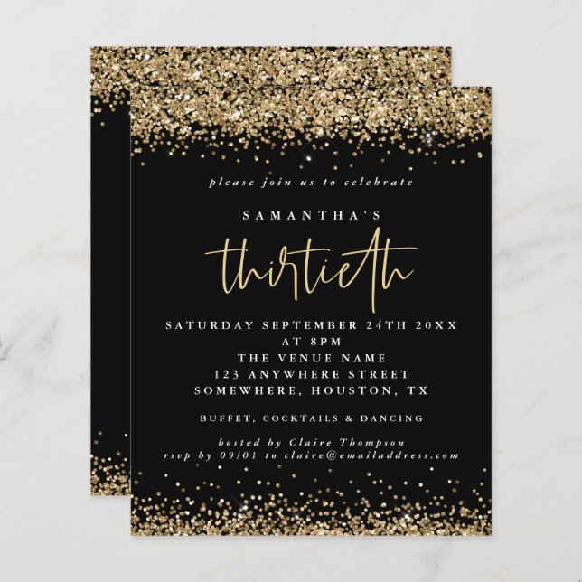 Budget Gold Glitter Thirtieth Party Black Invite (Front/Back)