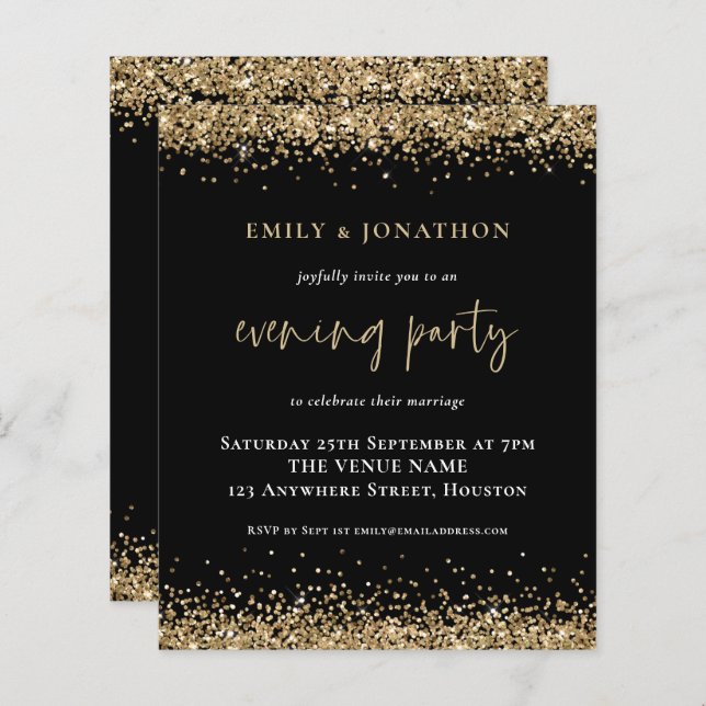 BUDGET Gold Glitter Wedding Evening Black Invite (Front/Back)