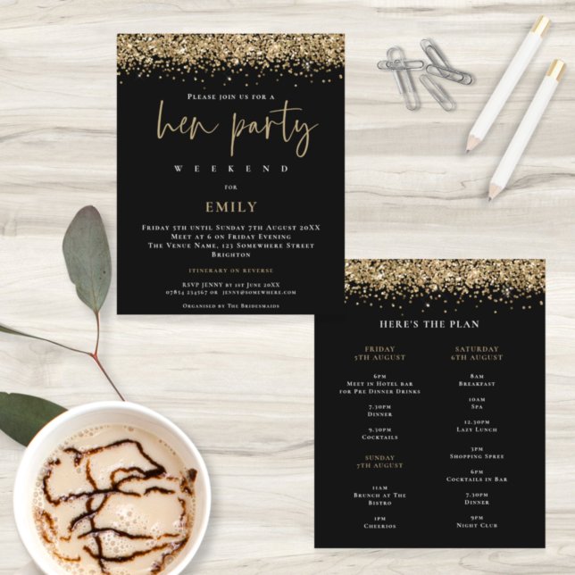 Budget Gold Glitter Weekend Hen Party Black Invite (Creator Uploaded)