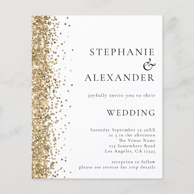 Budget Gold Glitter White QR Code Wedding Invite (Front)