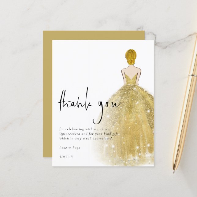 Budget Gold Gown Blonde Girl Quinceañera Thanks (Front/Back In Situ)
