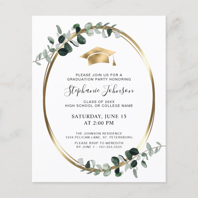 Budget Gold Grad Cap Eucalyptus Party Invitation (Front)