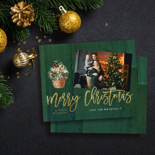 Budget Gold & Green Wood Rustic Christmas Photo