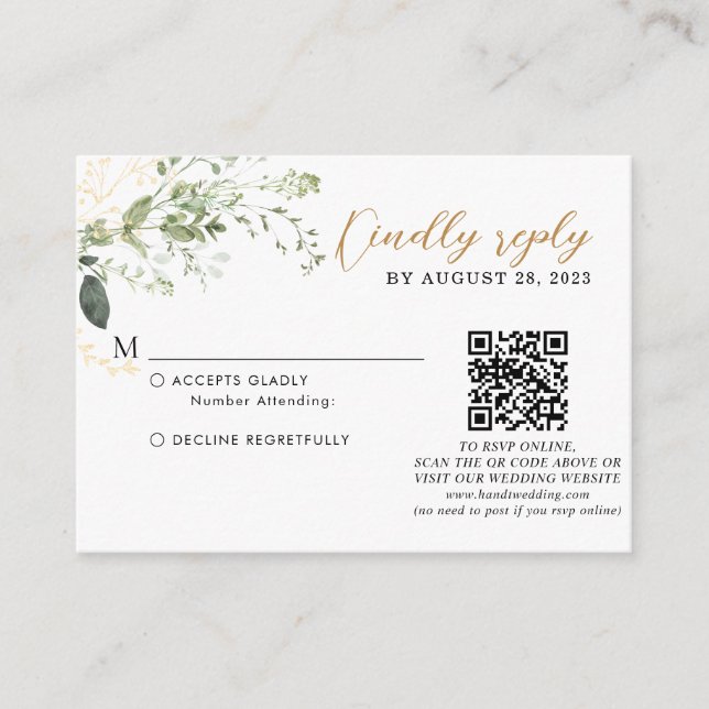 Budget Gold Greenery Eucalyptus QR Code Wedding  Enclosure Card (Front)