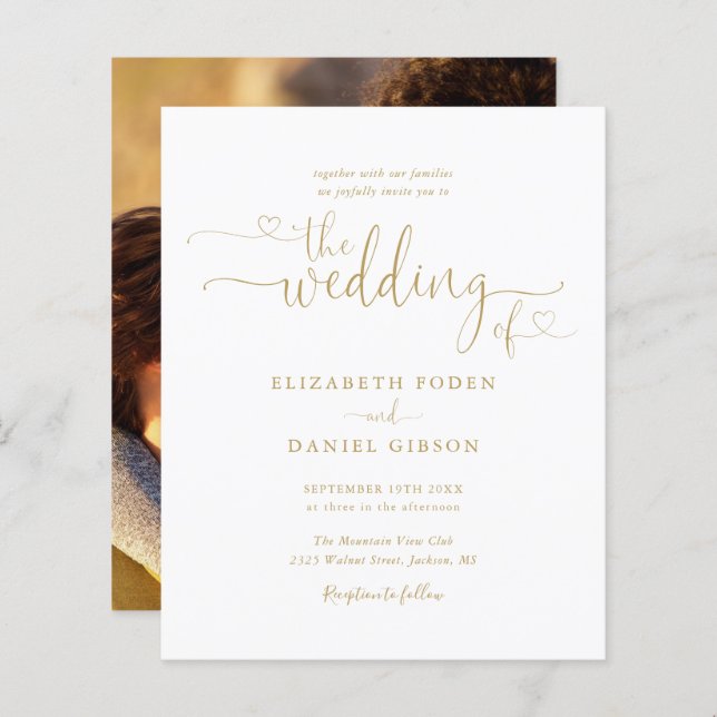 Budget Gold Hearts Script Photo Wedding Invitation (Front/Back)