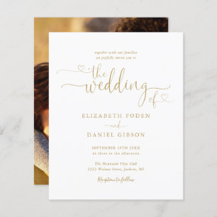 Budget Gold Hearts Script Photo Wedding Invitation