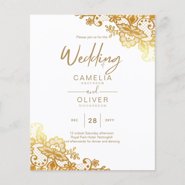 BUDGET GOLD LACE All-in-1 Wedding Invite QR Code Flyer (Front)