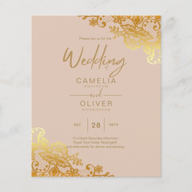 BUDGET GOLD LACE All-in-1 Wedding Invite QR Code Flyer (Front)