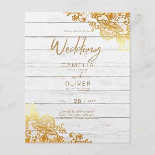 BUDGET GOLD LACE All-in-1 Wedding Invite QR Code Flyer (Front)