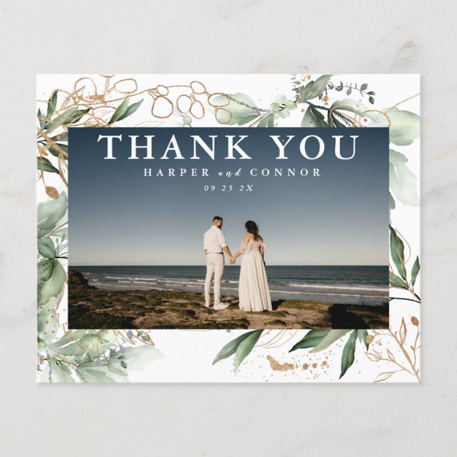 Budget Gold Modern Eucalyptus Photo Thank You Flyer (Front)