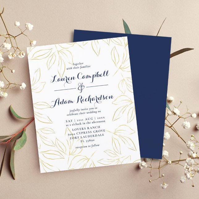 Budget Gold & Navy Foliage  Wedding Invitation (Creator Uploaded)