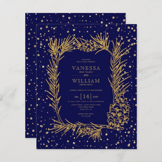 BUDGET Gold pine navy blue wedding invitation (Front/Back)