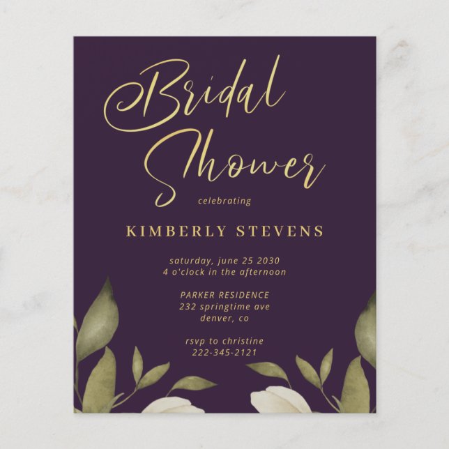 Budget gold purple bridal shower invitation (Front)