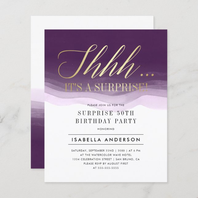 Budget Gold & Purple Watercolor Surprise Birthday (Front/Back)