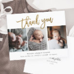 Budget Gold Script 3 Photo Baby Thank You Card<br><div class="desc">This Budget Gold Script 3 Photo Baby Thank You Card features gold handwritten calligraphy thank you and birth details on the front. The back includes a personal message from the entire family. Click the edit button to customise this design with your photos and details.</div>