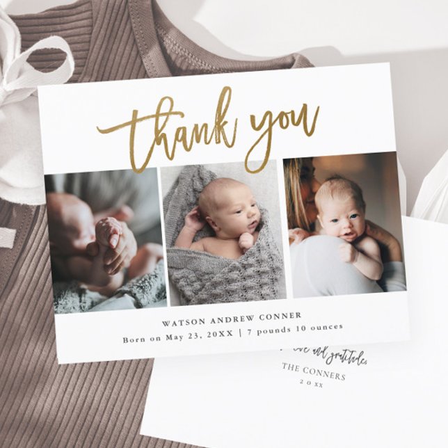 Budget Gold Script 3 Photo Baby Thank You Card (Modern gold script 3 photo baby birth announcement thank you card.)