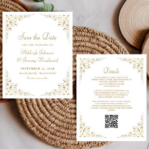 Budget Gold Script Foliage QR Code Wedding Invite