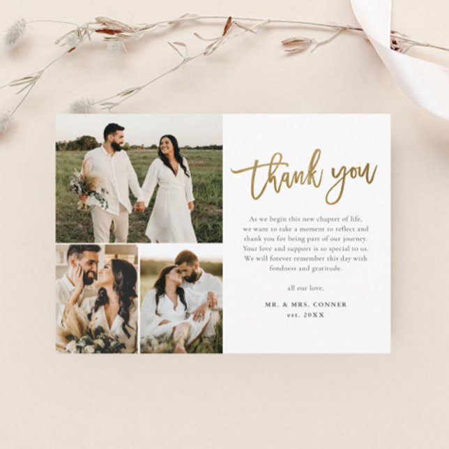Budget Gold Script Photo Collage Wedding Thank You (Creator Uploaded)