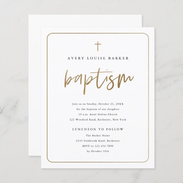 Budget Gold Script Religious Baptism Invitation (Front/Back)