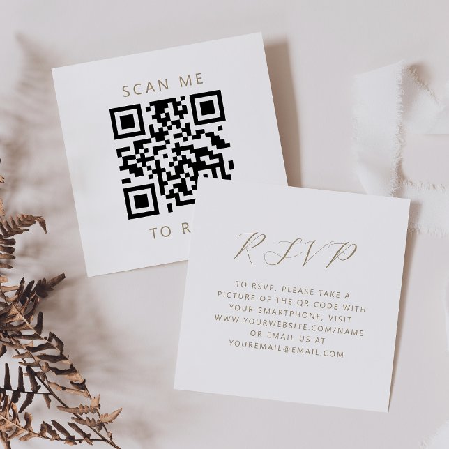Budget Gold Script White Wedding QR Code RSVP Enclosure Card (Creator Uploaded)