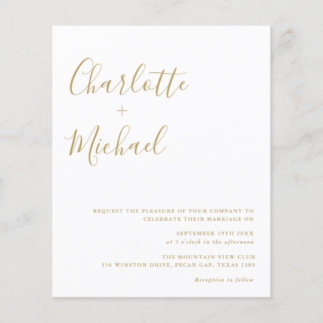 Budget Gold Signature Script Wedding Invitation (Front)