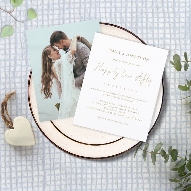 BUDGET Gold Text Photo Happily Ever After Wedding (Front and back view. Budget price smaller size value invite. Part of a matching wedding suite.)
