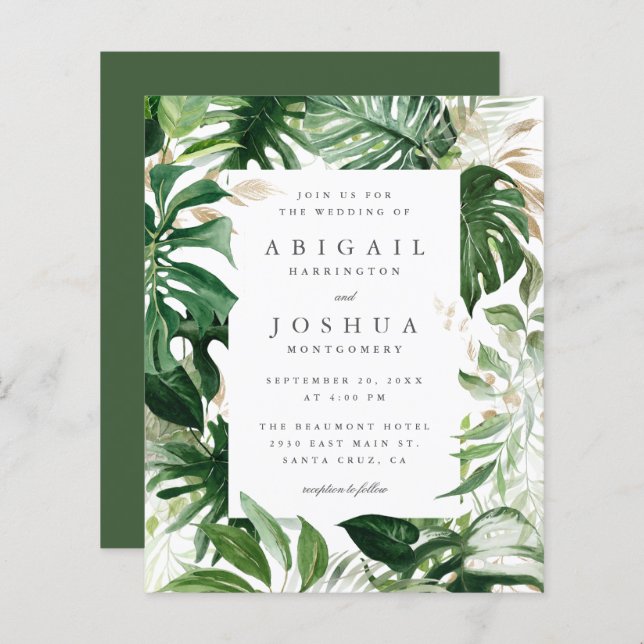 Budget Gold & Watercolor Tropical Greenery Wedding (Front/Back)