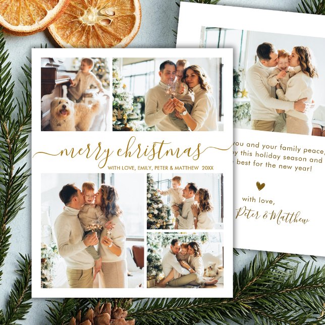 Budget Gold white 5 Photo Collage Christmas Card (Creator Uploaded)