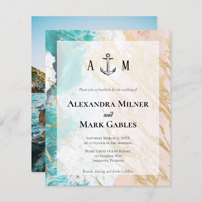 Budget Golden Beach Anchor Photo Wedding Invite (Front/Back)