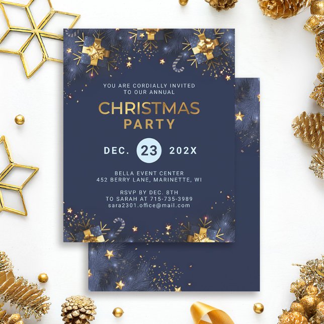Budget Golden Blue Christmas Party Invitation (Creator Uploaded)