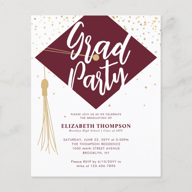 Budget GRAD Cap Red Gold Graduation Party Invite (Front)