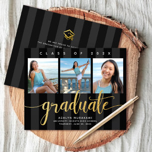 Budget graduation black gold 3 photo invitation