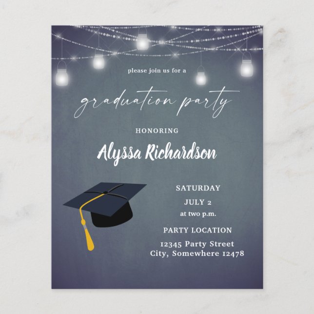 Budget Graduation Hat Chalkboard Party Blue Grey  Flyer (Front)