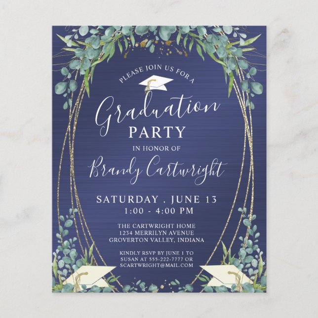 Budget Graduation Navy Blue Botanical Invitation (Front)