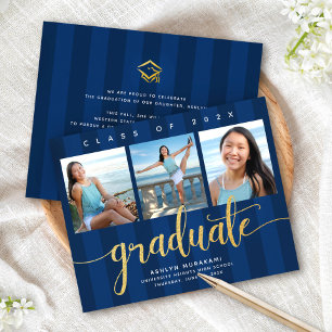 Budget graduation navy gold 3 photo invitation