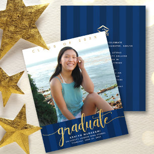 Budget graduation photo navy blue gold invitation
