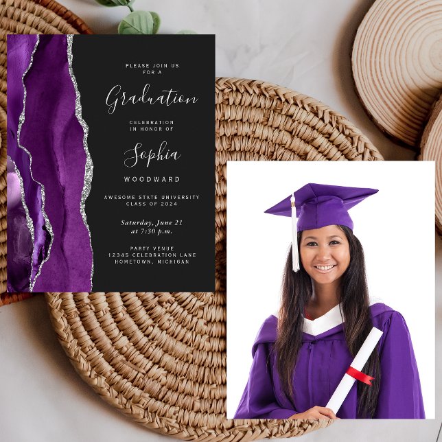 Budget Graduation Photo Purple Silver Agate Invite (Creator Uploaded)