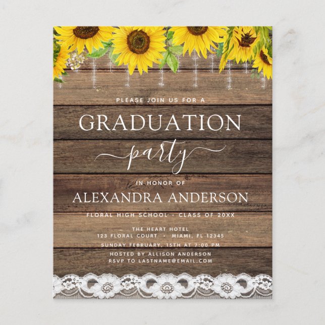 Budget Graduation Sunflower Rustic 2023 Invitation Flyer (Front)