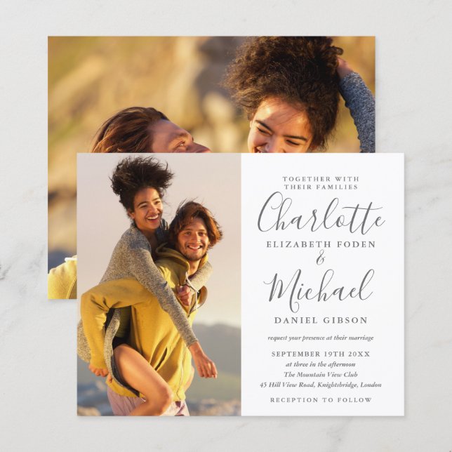 Budget Gray White Script Photos Wedding Invitation (Front/Back)