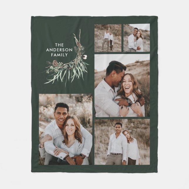 Budget green 5 photo modern botanical family gift fleece blanket (Front)