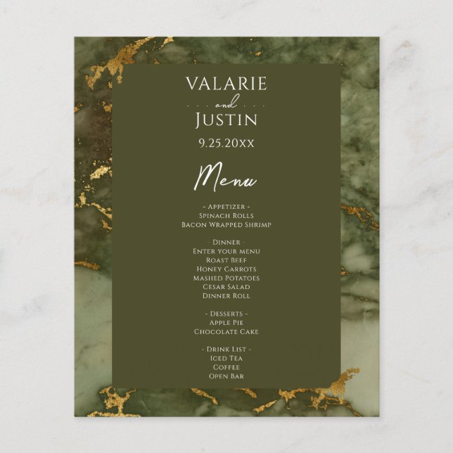 Budget Green and Gold Wedding Menu (Front)