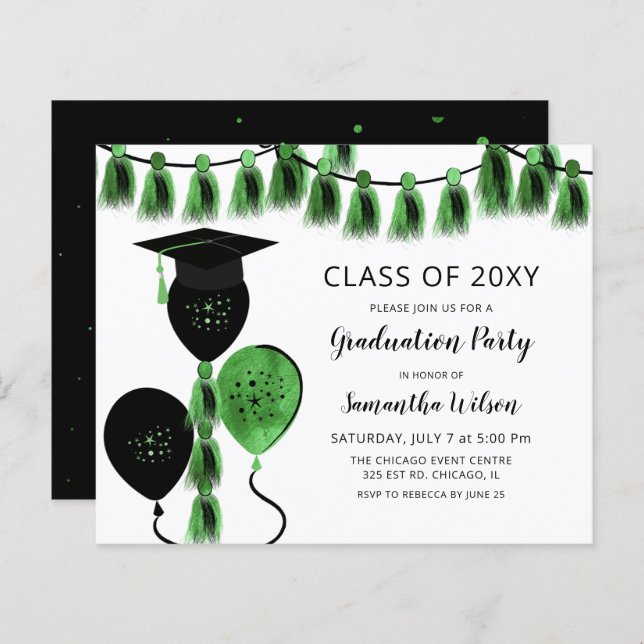 Budget Green Balloons Graduation Invitations (Front/Back)