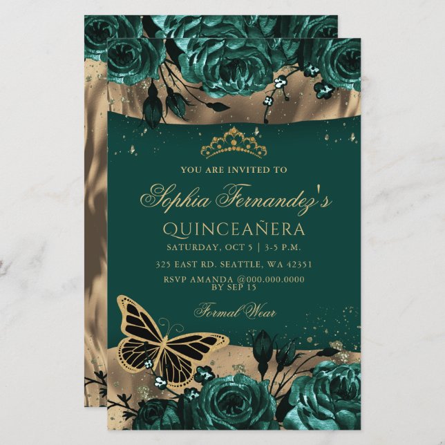 Budget Green Butterfly Quinceañera Invitation (Front/Back)