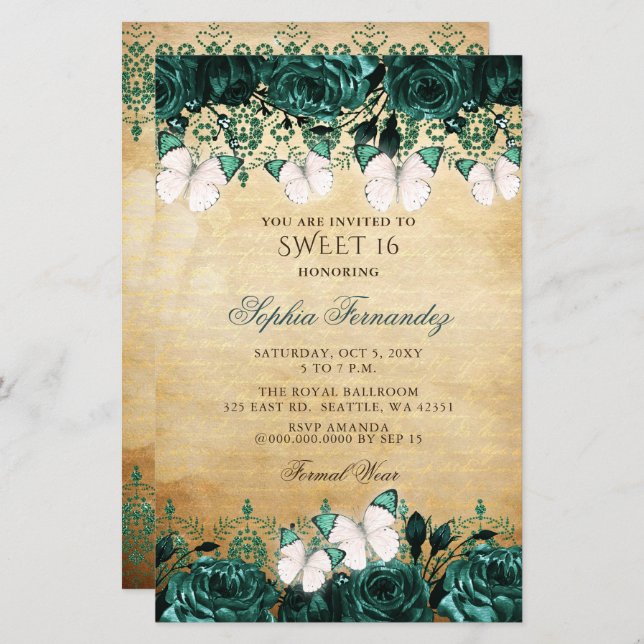 Budget Green Butterfly Sweet 16  Invitation (Front/Back)