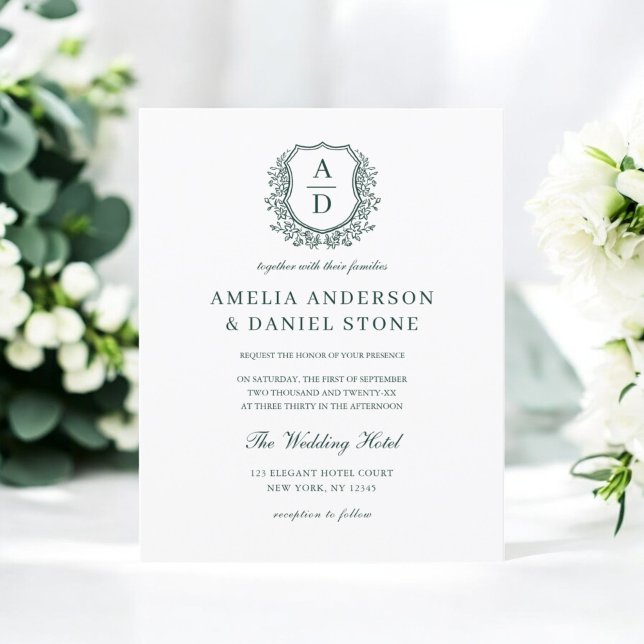 Budget Green Crest Monogram Wedding Invitation Flyer (Creator Uploaded)