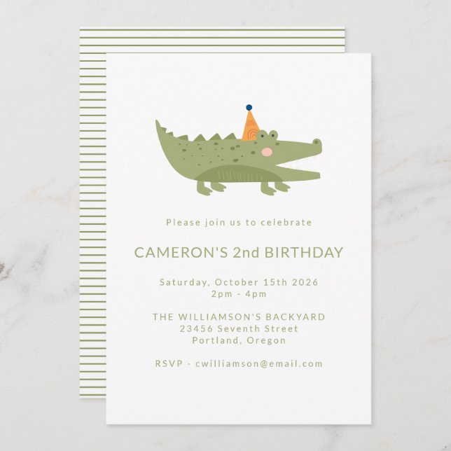 Budget Green Crocodile 2nd Birthday Invitation (Front/Back)