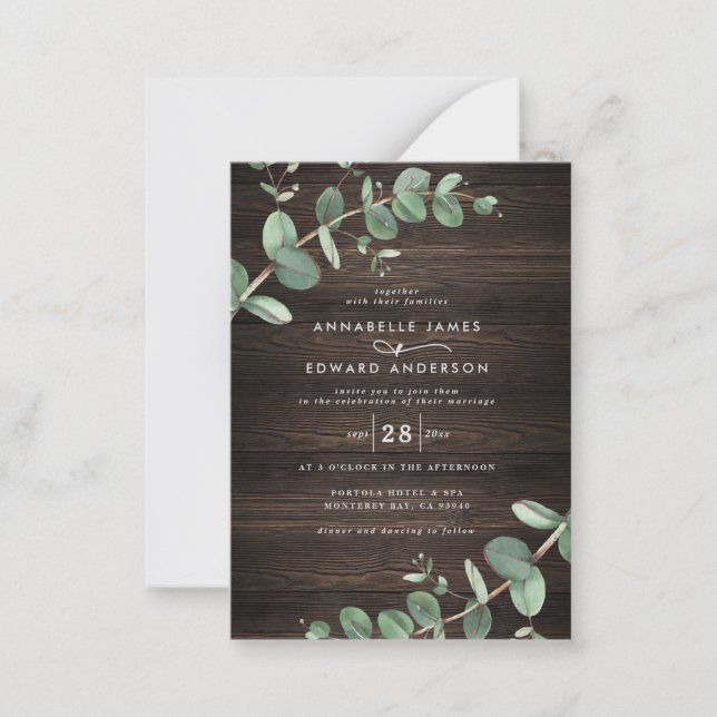 budget green eucalyptus  dark wood rustic invite (Front)